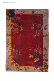 Antique Chinese Art Deco rug, 104x72 inches, hand-knotted wool, featuring intricate floral motifs in vibrant hues.